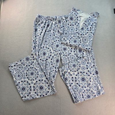 Sag Harbor Womens 2X Pajama Set Blue White Floral Medallion V-Neck Wide Leg 2pc