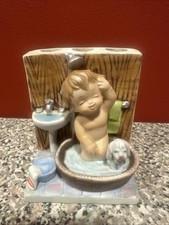 1978 Enesco Porcelain Toddler Boy  Dog Bathroom Toothbrush Holder Vintage SH2