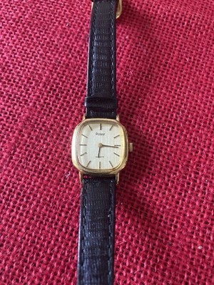 Pulsar Women's Square Analog Quartz Watch Gold Tone Case Black Leather Strap
