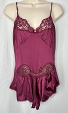Vtg 80s Formfit Teddy Romper Large 36 Lace Nylon Silky Nightie Snaps Maroon Wine