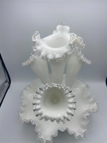 Fenton Large White Milk Glass Silver Crest Four Horn Epergne - Picture 4 of 8