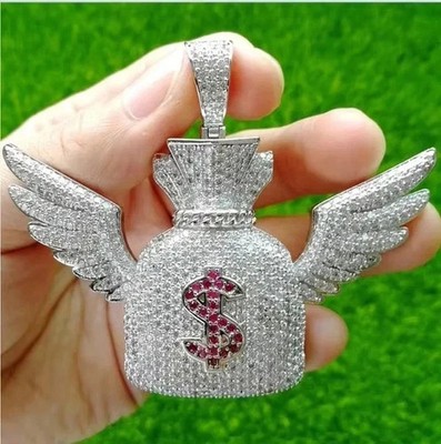 4Ct Round Cut Real Moissanite Custom Money Bag Pendant 14K White Gold Plated
