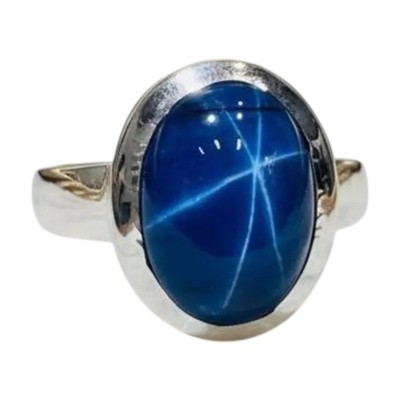 6 Ray Blie Star Sapphire Ring For Him 925 Sterling Silver Oval Blue Gemstone