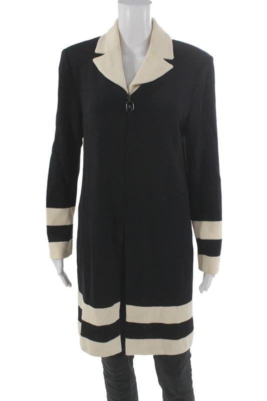 St John Collection Marie Gray Women Striped Black Coatigan Zip Collared Size 10