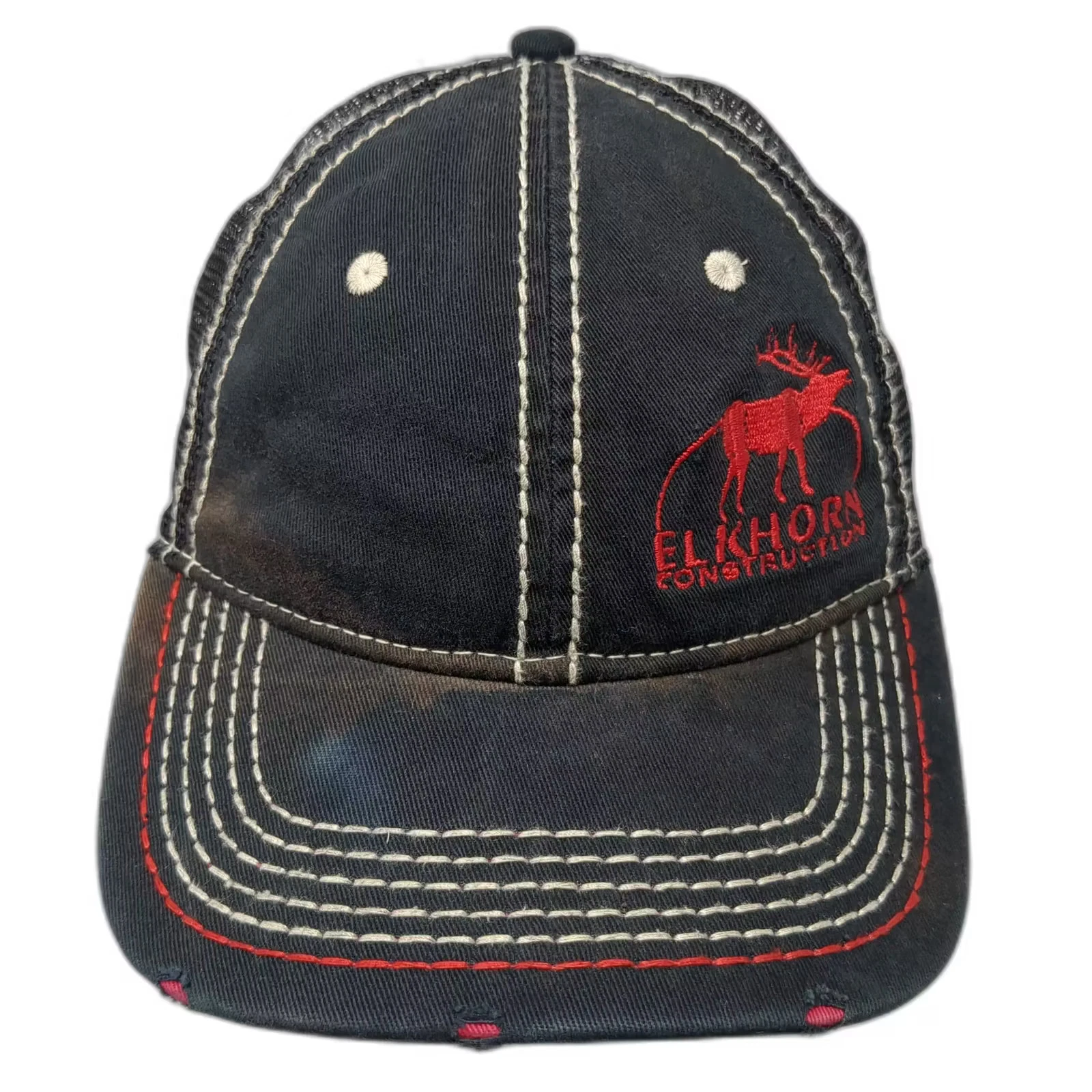 Outdoor Cap Black Red Elkhorn Construction Mesh Strapback Baseball Cap Hat OS