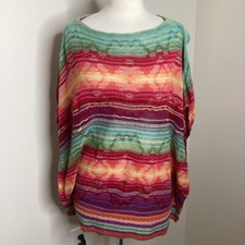Lauren Ralph Lauren Aztec Print Poncho Top Linen Blend Serape Stripe XL