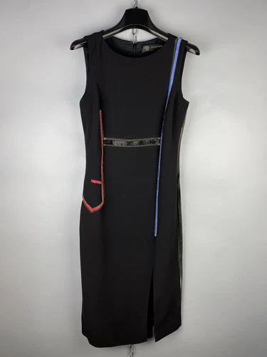 Abito tubino Versace lusso seta nero crepe pietra impreziosito taglia 38 S