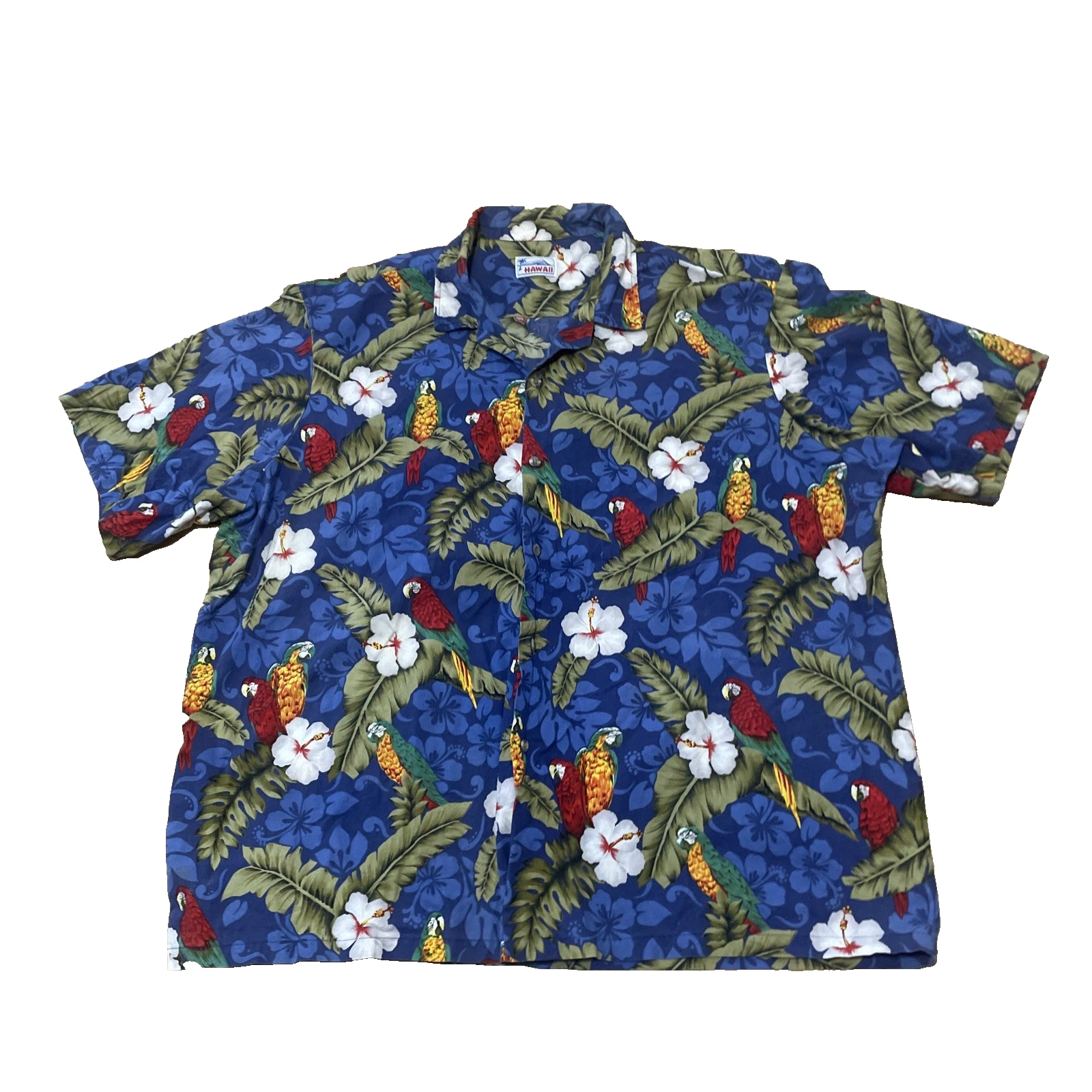 Vtg Hawaii Hawaiian Shirt Men XL Blue Parrot Print Floral Green Relaxed XL 58"