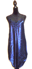 Vtg-90s Cinema Etoile Feminine Nightgown Lingerie Dark Blue Satin Lace Size-L