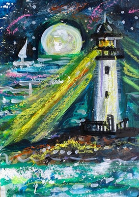 ORIGINAL ACEO Painting LIGHTHOUSE Night Stars Ocean Boats Waves Moon Sea ATC ART