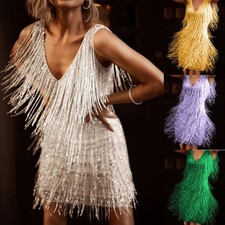 Womens Glitter Fringe Tassel Bodycon Mini Dress Evening Cocktail Party Ball Gown