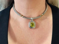 David Yurman 7mm Choker Necklace Huge Lemon Citrine Albion Pendant Sterling 14k