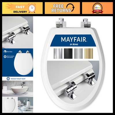 Round White Toilet Seat with Chrome Hinges, Slow Close Wood, Easy Install, USA M