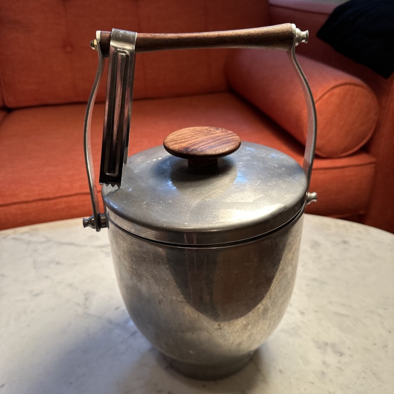 Mid-Century Italian Double Wall Insulated Aluminum Ice Bucket w/ Teak Handle