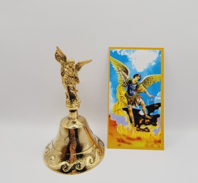 SAN MIGUEL CAMPANA 4.5'' DE BRONCE/SUERTE Y PROTECCION ORACION Y ESTAMPITA INCLUI