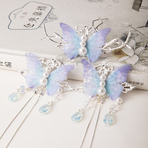 Handmade Chinese Hanfu Hairpin Butterfly Tassel Kanzashi Step Shake Hair Clip - Picture 6 of 11