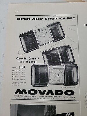 1950 Movado Calendermeto Watches open it close it case vintage ad