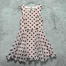 Sans Souci Dress Women's Medium Pink Black Polka Dot Fit & Flare Round Neck Zip