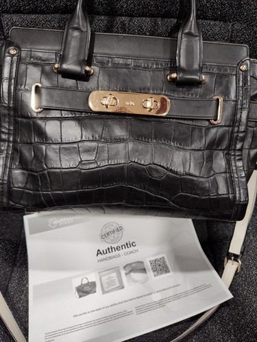 COACH Swagger 37 Black Croc Embossed Leather Satchel Crossbody - Authenticated! - Picture 2 of 7