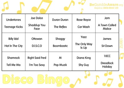 Lustiges Musikspiel Disco Bingo - gelbes Partymotiv 100 Tickets