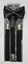 Black Faux Leather Adjustable Bow tie and Black Adjustable Suspenders Combo-New 