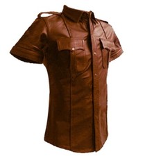 BROWN LEATHER POLICE UNIFORM Mens VERY HOT GAY GENUINE REAL SHIRT BLUF