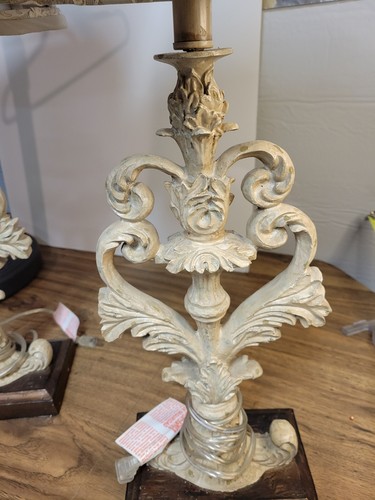 2 Beautiful Shabby Chic Ornate Carved Lamps With Shades With Lined Fabric - Picture 2 of 13