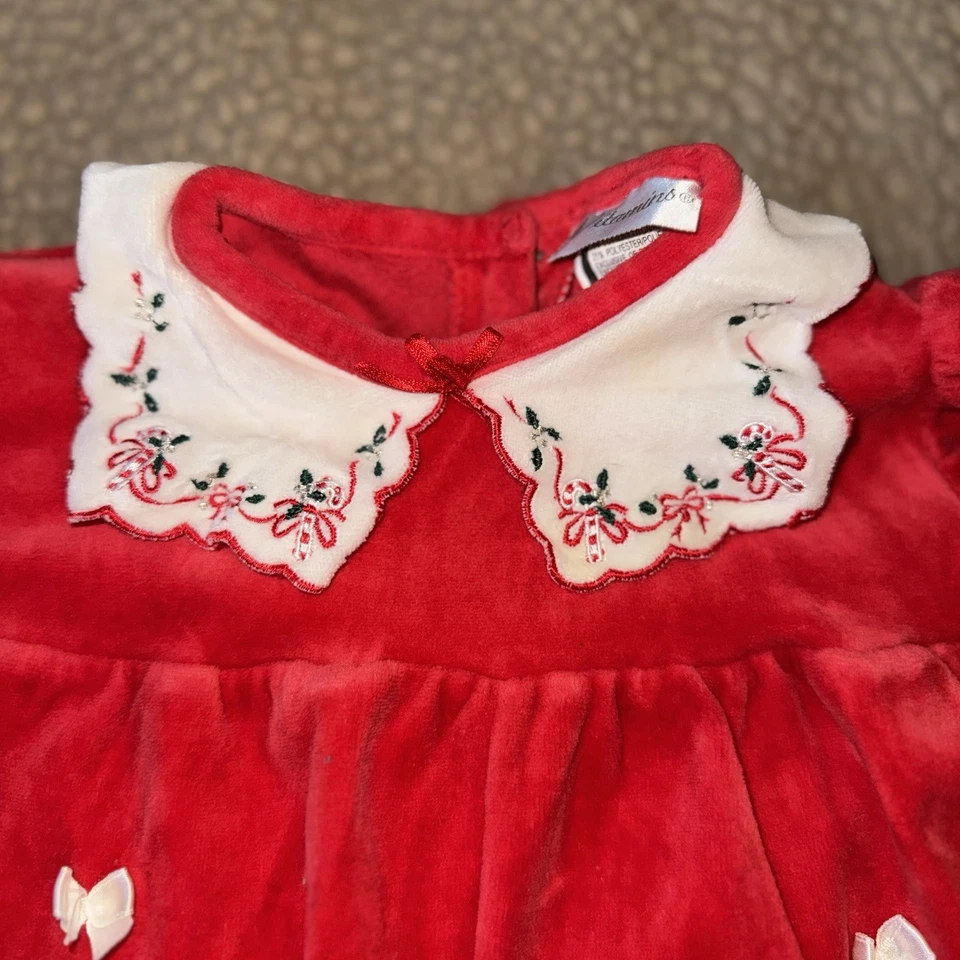 Romper vintage 1997 vitaminas veludo vermelho com arcos e bengalas de doces bordadas 6-9m - Imagem 3 de 4