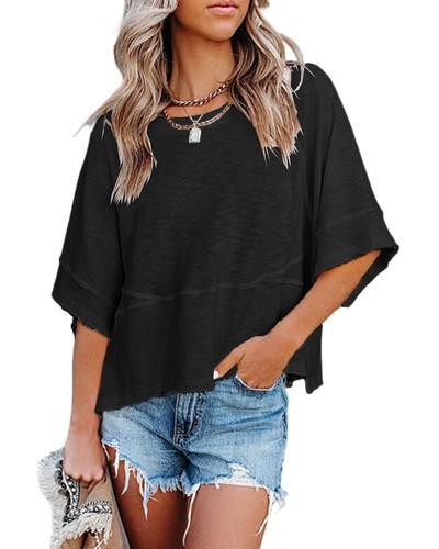 Women's Summer Casual Crewneck 3/4 Sleeve T-Shirts Solid Color Loose Fit Cute...