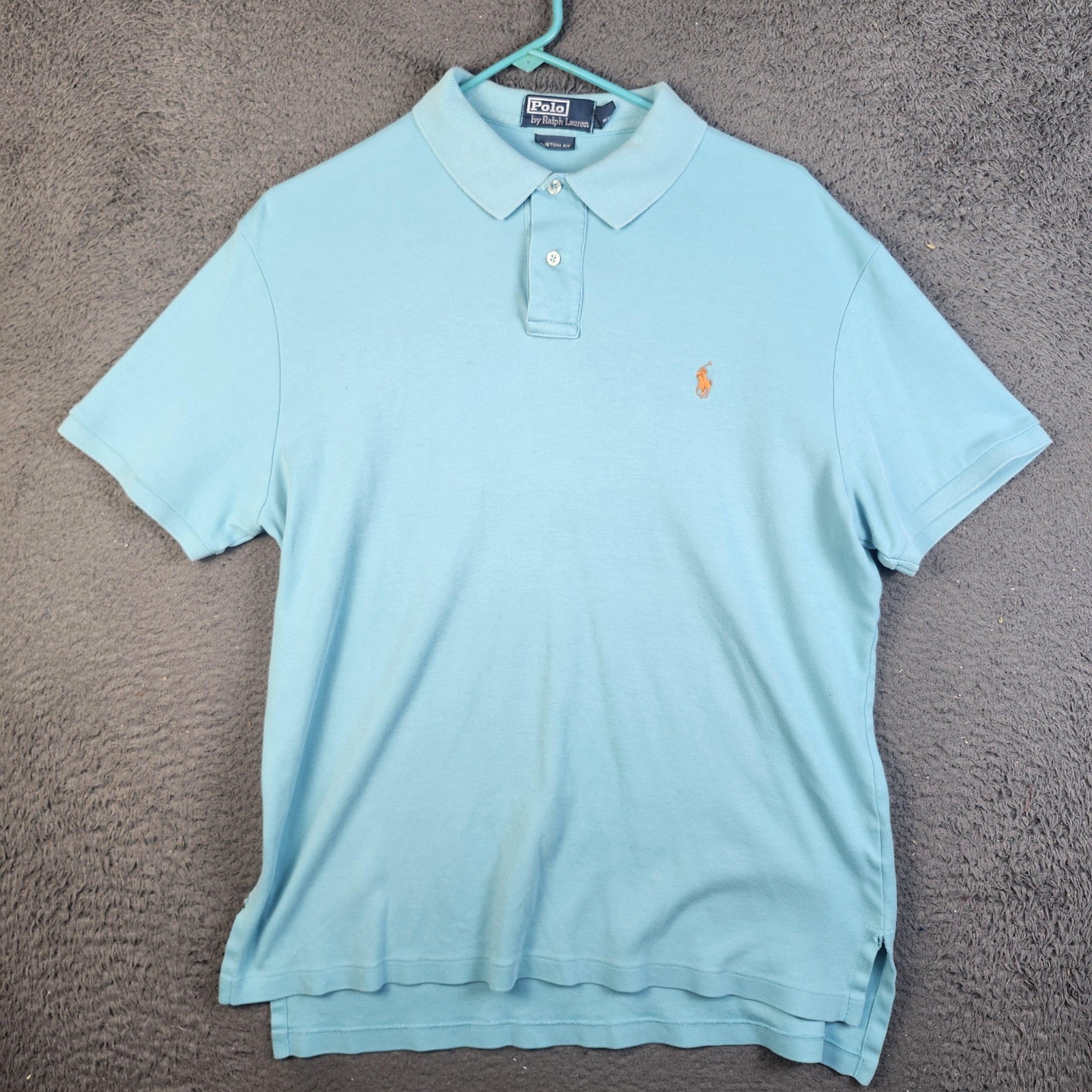 Polo Ralph Lauren Polo Shirt Mens Large Light Blue Custom Fit Orange Pony Logo