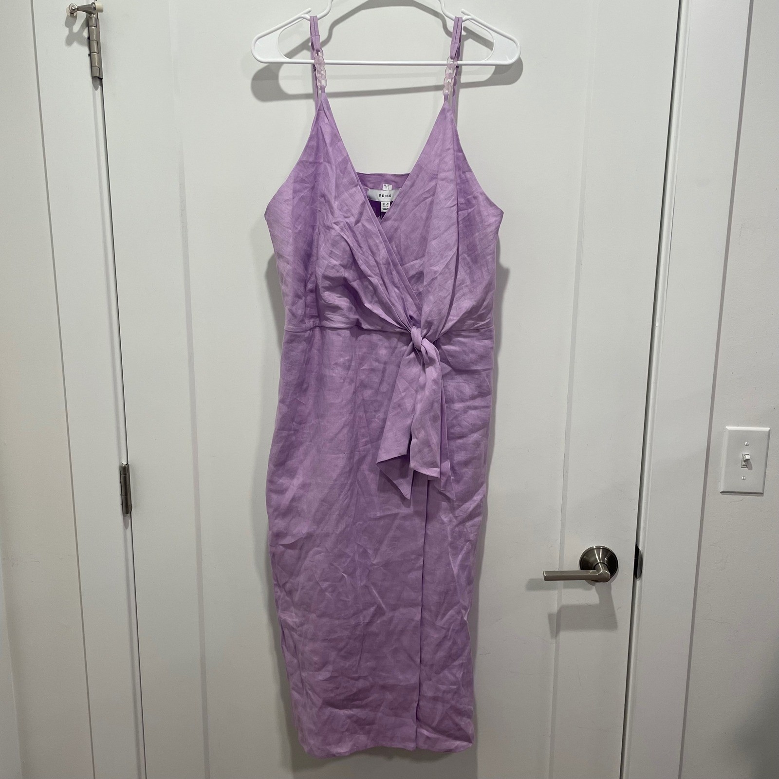 Vestido midi Reiss Esme de lino con corbata lateral lila púrpura sin mangas talla 14 NUEVO