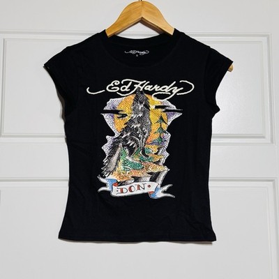 NWT Ed Hardy Black Wolf Rhinestone Women s Graphic Tee Size S