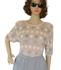 Vintage 80s Gimo's Pastel Crochet Blouse Peach Yellow Green Size M Grannycore