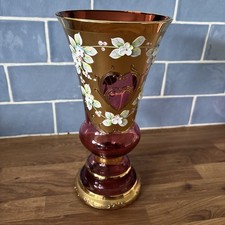 Czech Bohemian Vase Gold / Red / Floral Art Glass - VGC - 10” tall
