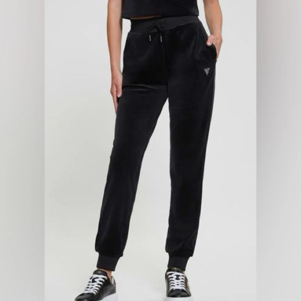 GUESS COUTURE CRYSTAL LOGO EMBELLISHED VELOUR JOGGERS BLACK SIZE LARGE NWOT