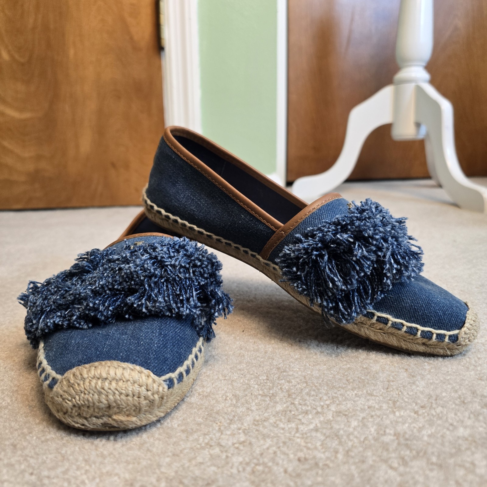 Tory Burch Navy Blue Denim Shaw Fringe Espadrille Flats Size 7.5 thumbnail 6