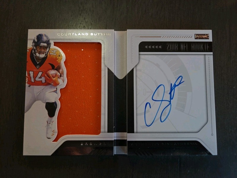 Courtland Sutton 2018 PANINI PLAYBOOK RC PLAYER WORN MATERIAL AUTOGRAPH 