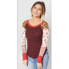 We The Free Bright Side Thermal Top Sz Small Burgundy Mixed Patterns Long Sleeve