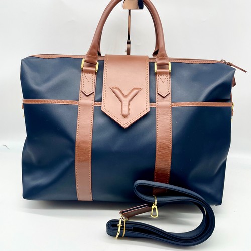 Yves Saint Laurent 2way Handbag Boston Leather Nylon Shoulder bag Navy YSL Auth