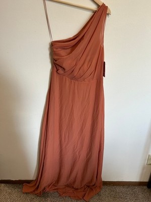 open lace back dress Terracotta Bridesmaids Dresses One Shoulder Sheath/Column Ruched Chiffon Bridesmaid Dresses with Slit main image 1