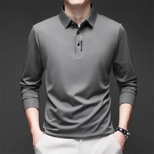 Men Polo Shirt Long Sleeve Business Casual Badge Design Solid Color Lapel Top
