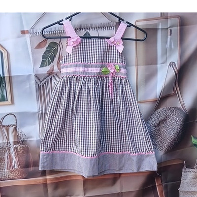 Blueberi Boulevard Girls Brown Pink Gingham Sundress Flower Bow Sleeveless M