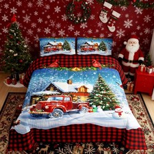 Kids Christmas Comforter Set Queen Size,Retro Red Truck and Winter Snow View ...