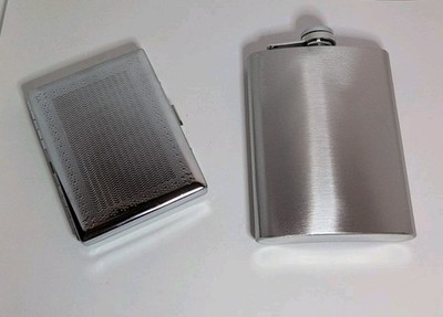 STAINLESS STEEL CIGARETTE CASE & FLASK SET - COSTUME ACCESSORY / EVERYDAY USE
