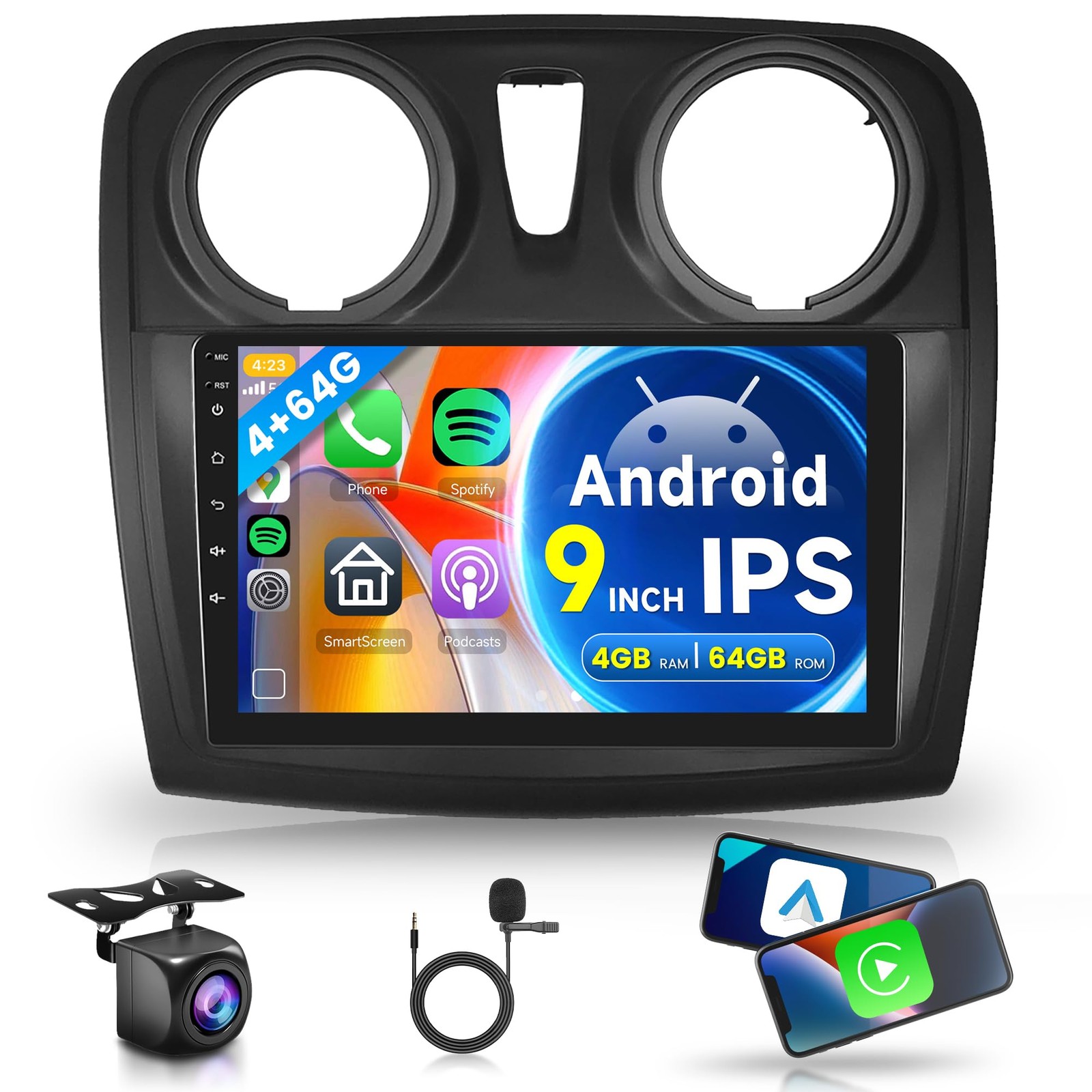 Autoradio Renault Logan 2 Android avec CarPlay sans fil 4G+64G : GPS Bluetooth et écran tactile