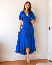 Lulus Blue White Polka Dot Hi-Low Wrap Dress M V-Neck Flutter Sleeve Lined
