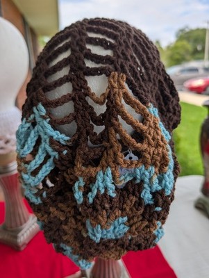 Brown & Blue Crochet Loc Hat with drawstring, One Size, Closed End
