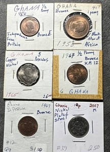 1958,65,67, 2007 Ghana 1/2, 1, 5, 10, Pesewas 6 Bronze Coin Lot Kwame Nkrumah