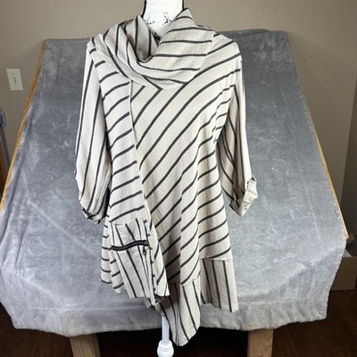 Ali Miles Tunic Top Womens Medium Beige Stripe Cowl Neck Zip Pocket Asym Hem