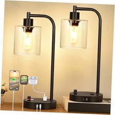 Set of 2 Industrial Table Lamps with USB Port, Fully Glass  Matte Black Base 